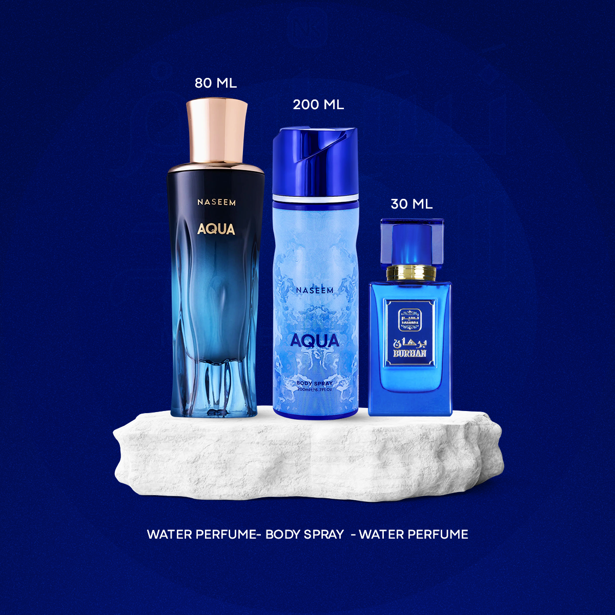 عطر AQUA 80ML + BODY SPRAY AQUA 200ML + عطر BURHAN 30ML